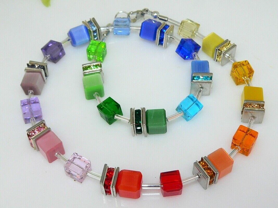 Halskette Würfelkette 8mm Cube Cat Eye Kristallglas mehrfarbig bunt Strass 511a - Bild 2 von 4