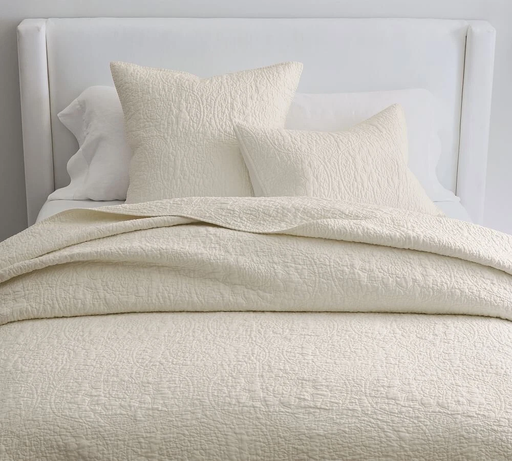 Pottery Barn Ivory Belgian Flax Linen Floral Stitch Quilt Cal King 4 Kg Shams