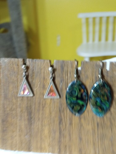2 Paar Vintage Abalone Ohrringe Hänger Kostüm lang oval Puka Muschel Dreieck - Bild 3 von 5