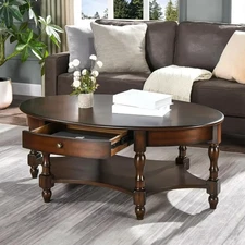 Solid Wood Coffee Table with Drawer and Storage Shelf, Traditional Living Room C