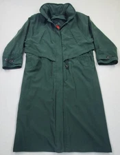 VTG 90s Alorna Green Long Trench Rain Coat Back Slit Pockets Hooded 