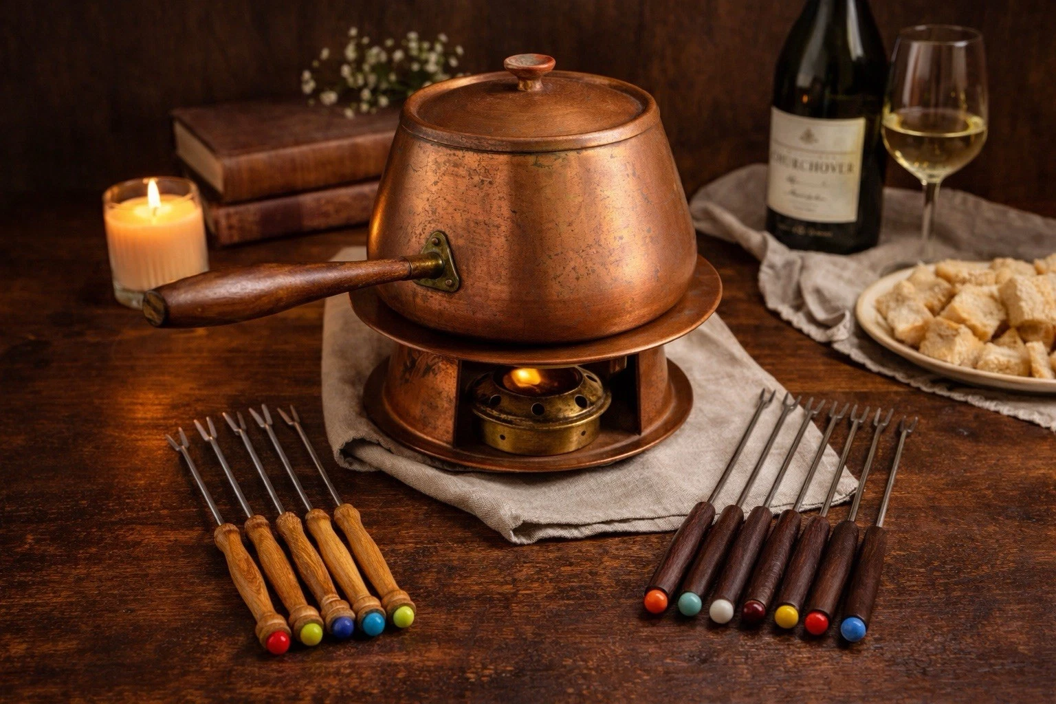 Vintage Copper Fondue Pot Set Burner 10 Forks Wood Handles MCM Swiss READ
Opens in a new window or t