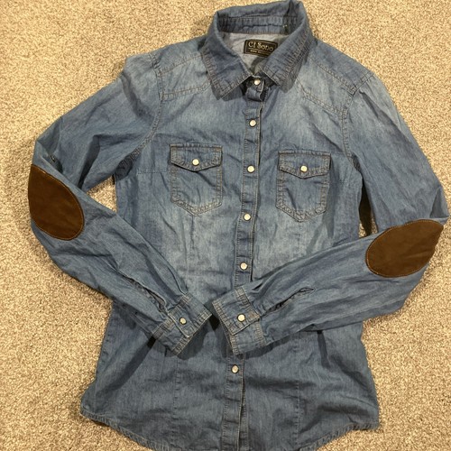 Ci Sono Pearl Snap Chambray Tunic Womens Small Westerncore Elbow Patches Cowgirl - Picture 2 of 10