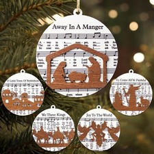 5 Pcs Wooden The Nativity Story Ornaments Set, Christian Red, Green, Gold