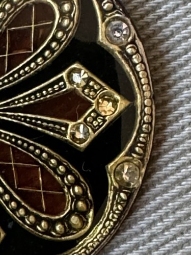Vintage Antique French Round Metal Enamel Rhinestone 1.625” Brooch Pin - Picture 5 of 15