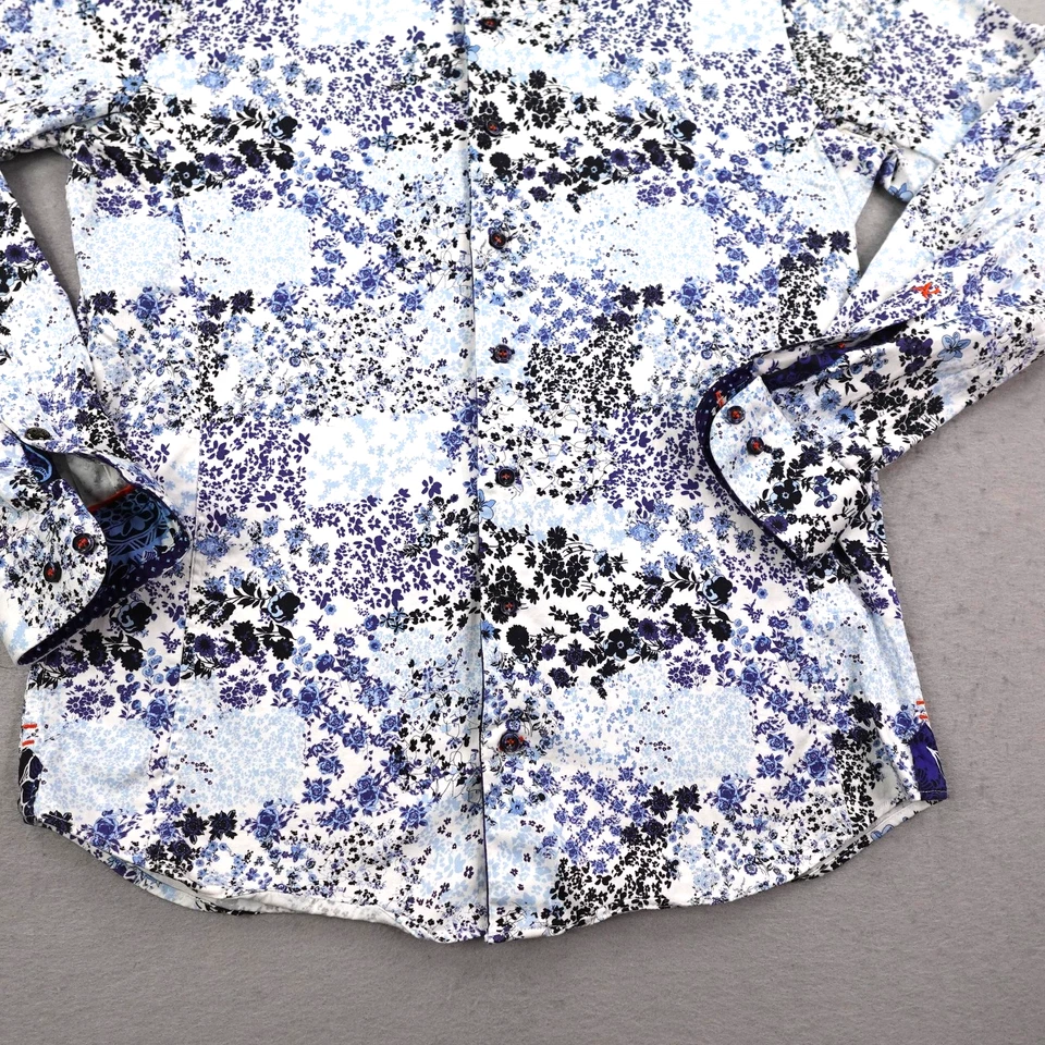 Au Noir Shirt Mens Small size 2 Blue White Floral Button Up Long Sleeve Abstract - Image 4 of 4