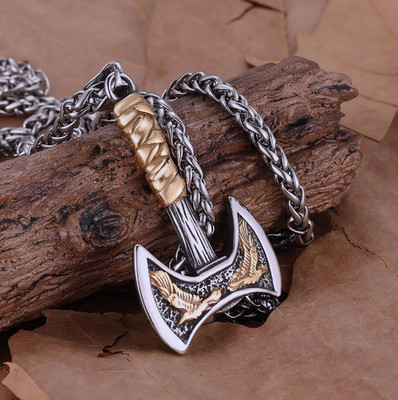 1pc Stainless Steel Viking Axe Necklace Odin Raven Rune Pendant Steel Gift - NEW