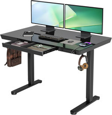 Claiks Glass Standing Desk with Drawers, 48 24 Inch Adjustable Stand up Desk, Qu