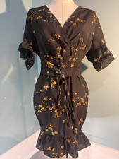 PrettyLittleThing Black Floral Corset Lace Up Wrap Ruffle Midi Dress- US SIZE 10
