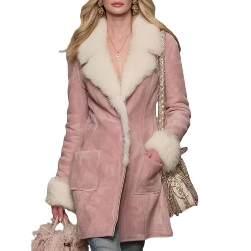 Women's Faux Fur Lined Winter Coat Lapel Casual Elegant Warm Mid Length Jacket