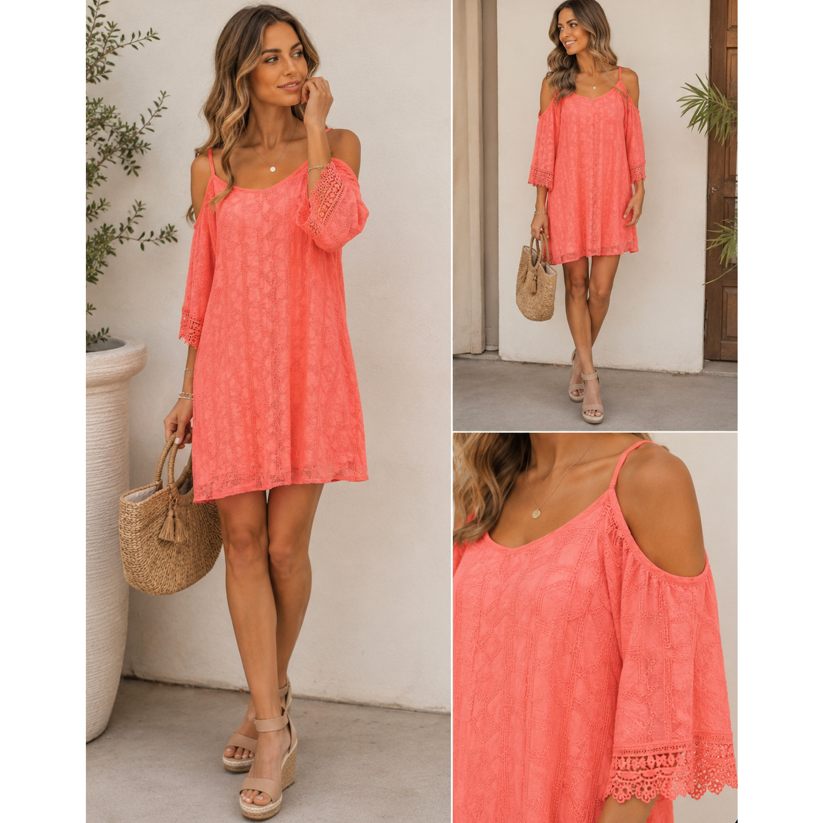 Xhilaration Lace Boho Dress Coral Cold Shoulder Bell Sleeve Crochet Trim Size M
