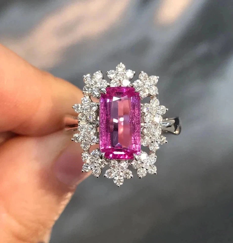 3.41Ct Emerald Cut Natural Pink Sapphire Diamond Wedding Ring 14K White Gold 6 7 - Image 2 of 4