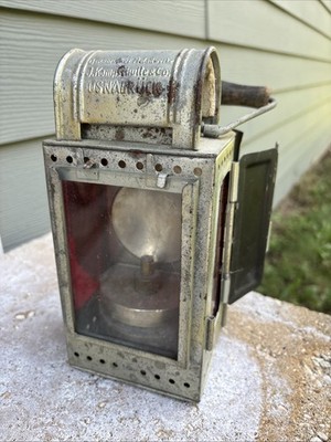 Vintage Deutsche Hartmetall Bergleute DB Eisenbahn Laterne Holzgriff rote Seitenlinsen