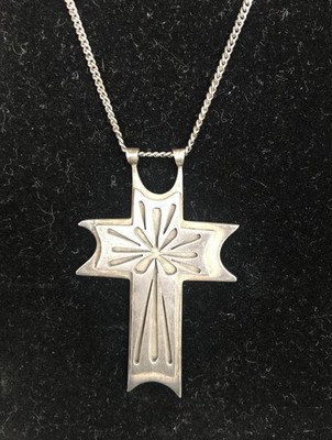 Vintage 1960s Handmade Sterling Silver Cross Necklace Artisan Crafted 12  Chain