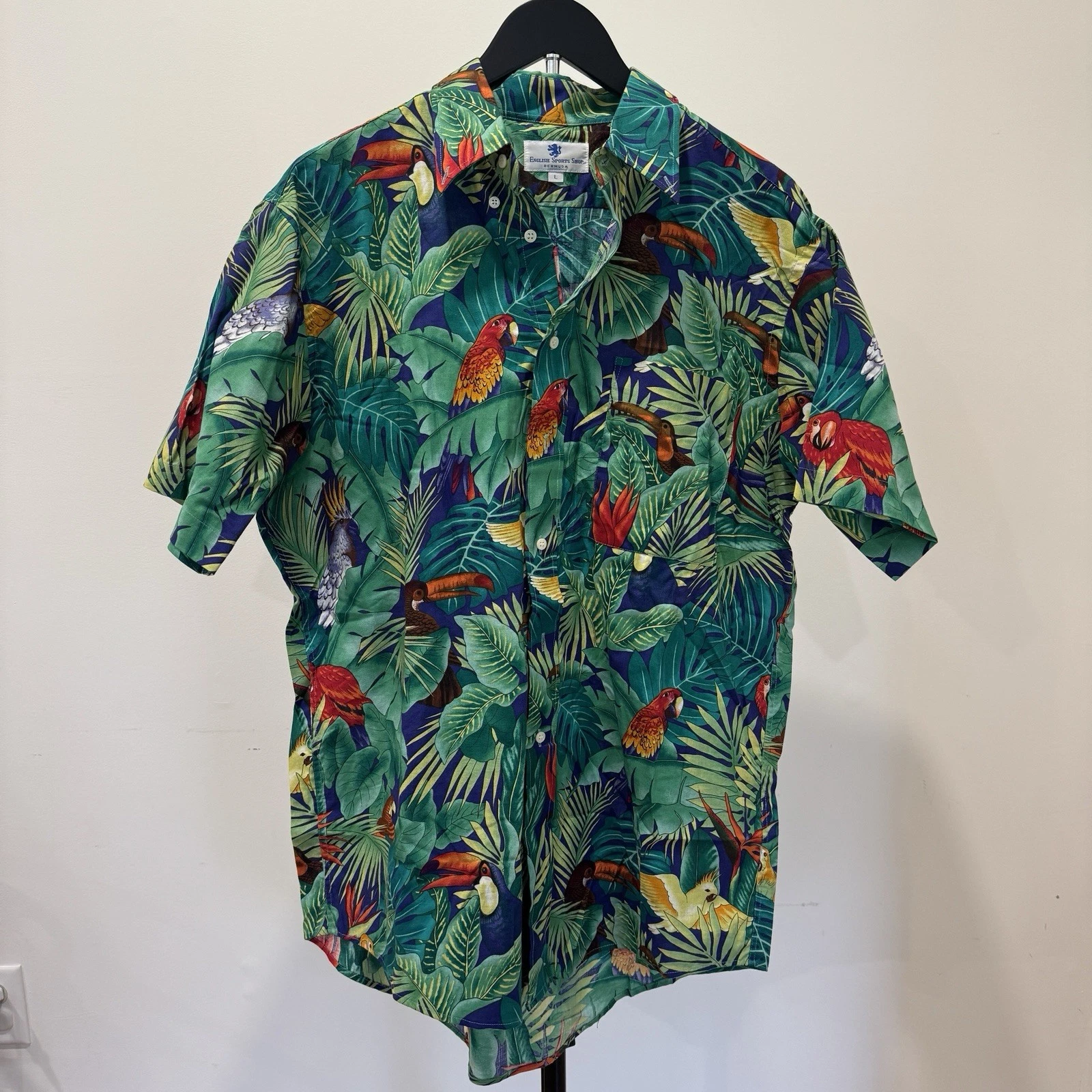 Bahamas Tropical Bird Button Down Shirt/Hawaiian Style Shirt 100% Cotton L