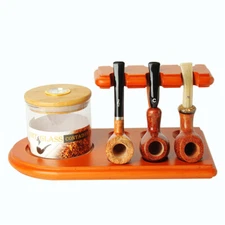 Beech Wood Smoking Pipe Rack Holder Display For 6 Tobacco Pipes And Tobacco Jar