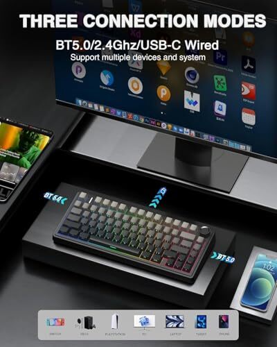 F75 Pro Wireless Mechanical Keyboard,75% Gasket Hot Swappable F75 Pro-Black - Afbeelding 3 van 6