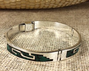 Vintage-Mexico-925-Sterling-Silver-Malachite-Gemstone-Bracelet-Fine-Jewelry