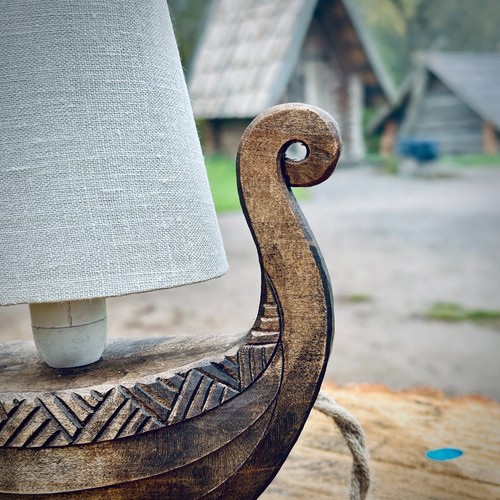 Drakkar Viking Boat Lamp with Linen Sail – Handmade Wooden Table Lamp - Picture 7 of 15