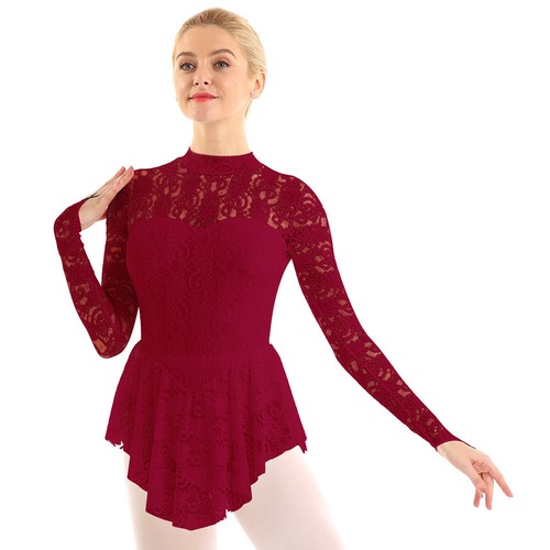 Women's Lace Ballet Dance Leotard Dress Figure Ice Skating Skirted Bodysuit - Picture 9 of 38