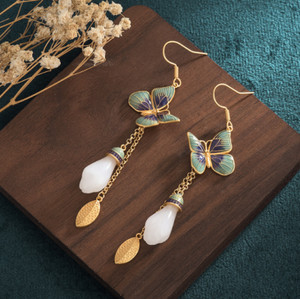 Authentic Jade Bohemian Drop Dangle Earrings Flower Butterfly Gemstone 18K Gold Plated