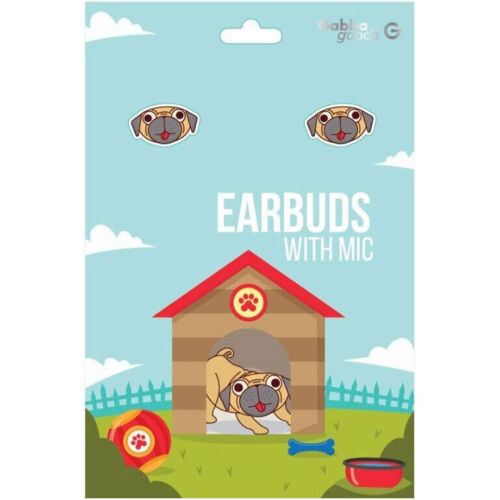 Gabba Goods Pug Dog Earbuds Headphones with Mic, White Cable