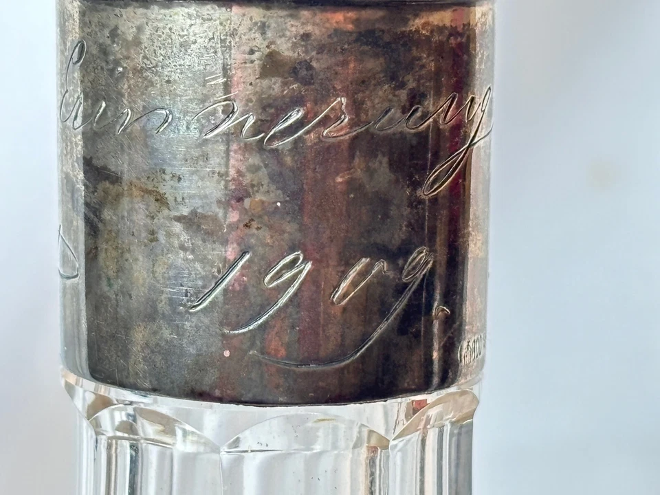 Decantador Art Nouveau 1909 plata alemana y escotilla corte cruz vidrio botella de 3 caños Foto 4 de 4