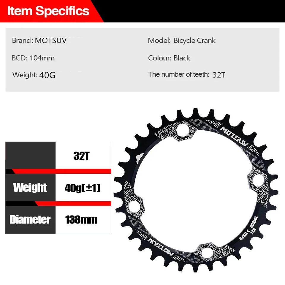 104BCD Mountain Bike 32T/34T/36T/38T Narrow Wide Chainring for Round Crank Set - Image 2 of 4
