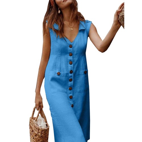 Damen Boho Baumwolle Leinen Knopf Sommerkleid Damen V-Ausschnitt Midikleid mit Tasche - Bild 5 von 17