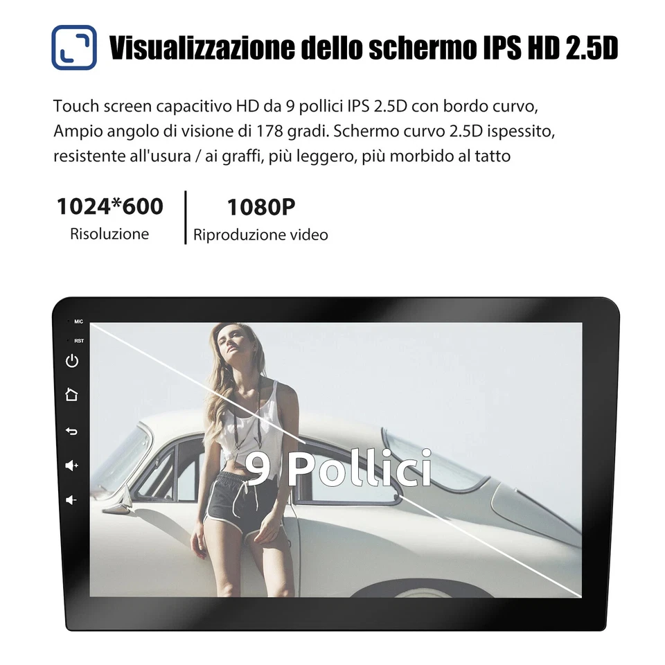 AUTORADIO 2 DIN 9" POLLICI ANDROID BLUETOOTH GPS 4GB DI RAM+64GB CON RETROCAMERA - Immagine 2 di 4