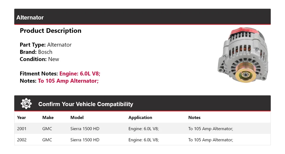 Alternador Bosch para GMC Sierra 1500 HD 2001-2002 6,0 L V8 (Nuevo) Foto 2 de 4