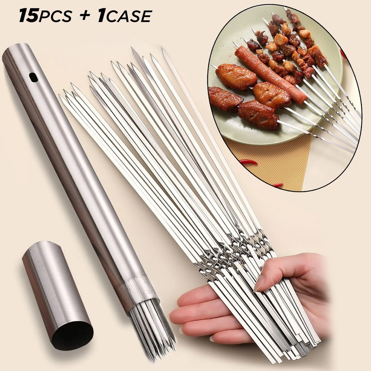 15pcs BBQ Stainless Steel Kebab Skewers 1pc Tube Storage Reusable Grill  Sticks