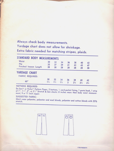 Stretch & Sew #1700-Mens Slacks and Shorts-Knit Slacks~Waist: 30-42 Hip: 35-47 - Picture 2 of 4