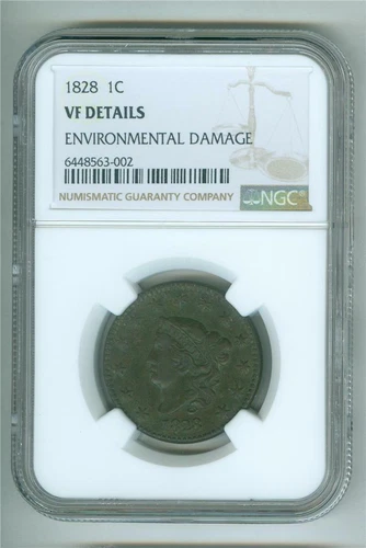 U.S. 1828 CORONET HEAD LARGE CENT NGC VF DETAILS ENVIRONMENTAL DAMAGE