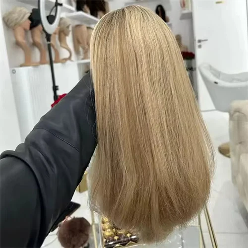 100% Echthaar blond hellbraun Wurzeln glatt 13x4 Lace Front Perücke - Bild 4 von 6