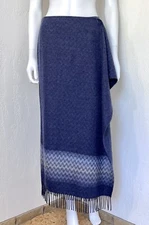 Dana Buchman Navy Geometric Tapestry Fringe Hem Draped Wrap Maxi Skirt Sz 12 EUC