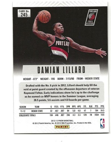 2012-13 Panini Prizm #245 Damian Lillard (Portland Trail Blazers) - Imagen 2 de 3