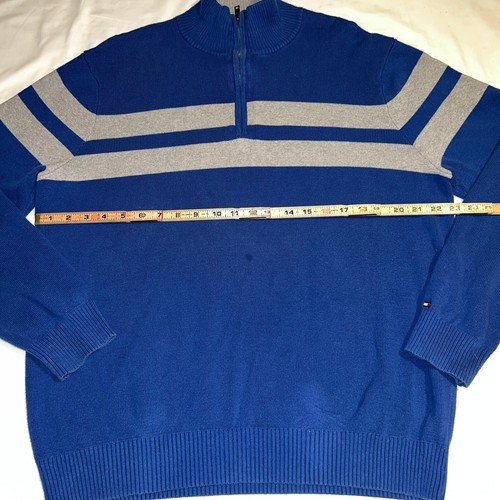VINTAGE Tommy Hilfiger Sweater Mens Large Blue Gray Striped 1/4 Zip Pullover - Picture 5 of 9