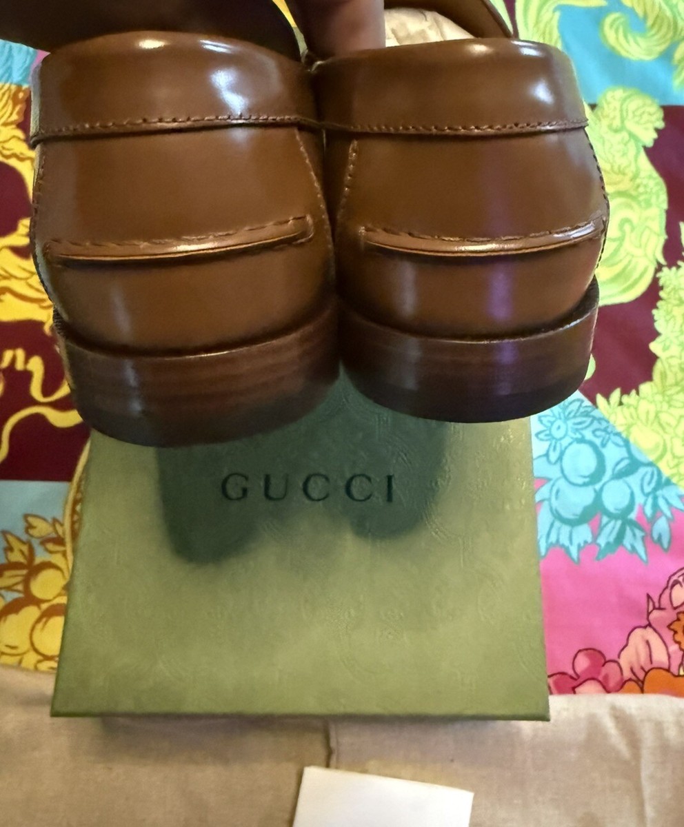 New Gucci Men's GG Logo Leather Moccasin Loafers Shoes Brown