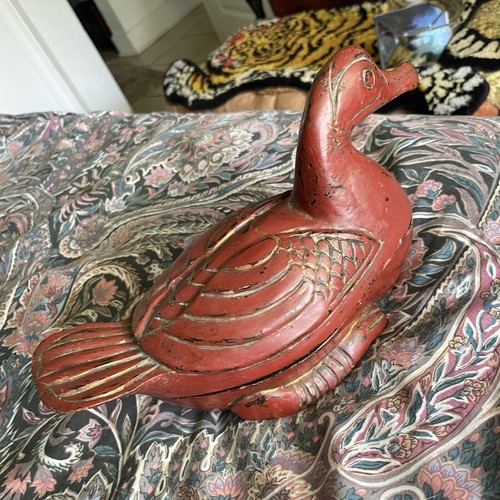 Vintage Chinese Lacquered Red Hand Carved Wooden Duck Trinket Box Folk Art Rare - Picture 3 of 16