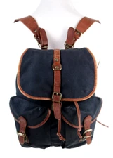 Bean Pole NAVY BLUE COTTON CANVAS BROWN LEATHER DRAWSTRING SHOULDER BAG BACKPACK