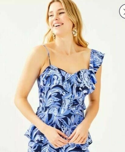 Lilly Pulitzer Neu mit Etikett 12 Auria One Shoulder Top High Tide Marineblau You're the Zest $ 128 - Bild 1 von 9