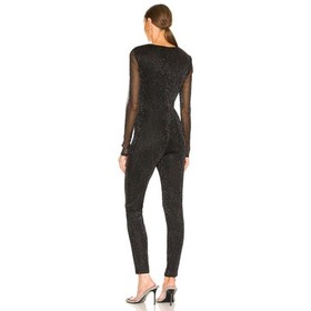 NWT NBD Revolve Sz S Black Shimmer Sienna Catsuit Jumpsuit Sheer Sleeves Ruched