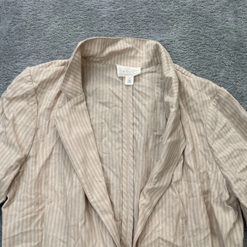 Chaqueta Caslon Mujer Extra Grande Beige Blazer Abrigo Rayas Lino Frente Abierto Foto 3 de 4