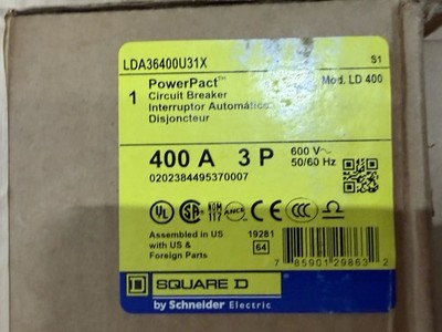 Square D LDA36400U31X PowerPact 400A 600V 3-Pole Circuit Breaker (Adjustable)