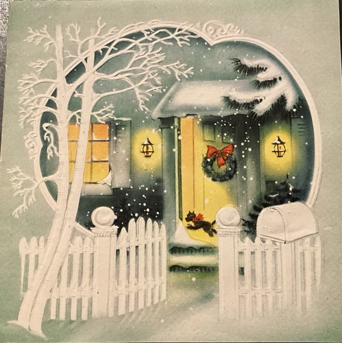Vintage Weihnachtsgrußkarte Willkommen Scottie Hund schönes Haus Lattenzaun