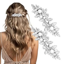 2Pcs Pearl Hair Clips for Women, Silver Bridal Barrettes Rhinestones Pearl