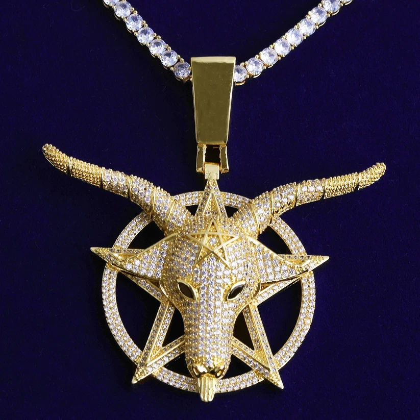 Colar pingente círculo estrela cabra quadril quadril 5AAA+ CZ folheado a ouro real 14k - Imagem 2 de 4