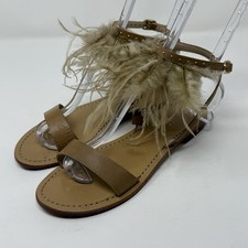 Barney's New York Leather Sandal Flat Feathers Nude Beige Women's Sz 7.5 EU 38
