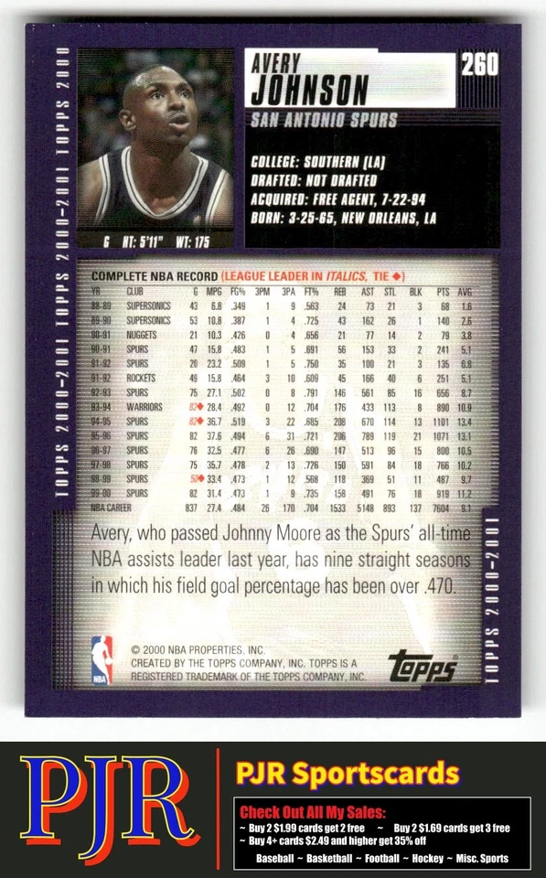 Avery Johnson 2000-01 Topps #260 San Antonio Spurs - Image 2 of 2